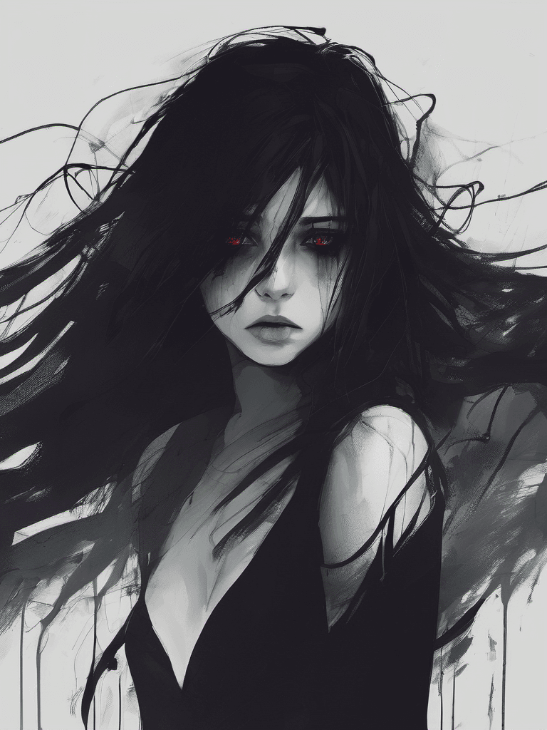 AI generated: dark, a gothic 17yo girl, demon eyes, long mess hair, disfigured, brutal, scary horror, depressed, j...