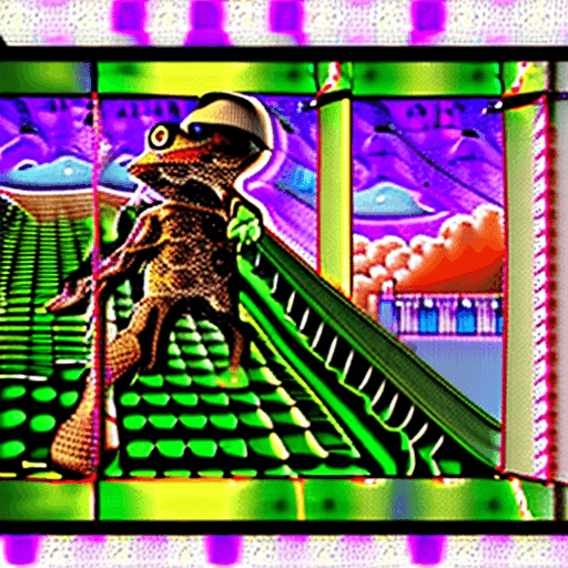 AI generated: topfacing close up pose evil frog from ghost movies art,sureal recursive art glossy latex,scene set ...
