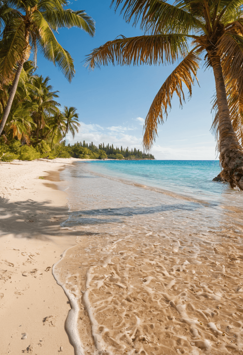 AI generated: A vibrant, sunlit beach with golden sands and crystal-clear waters, dotted with tall palm trees that...