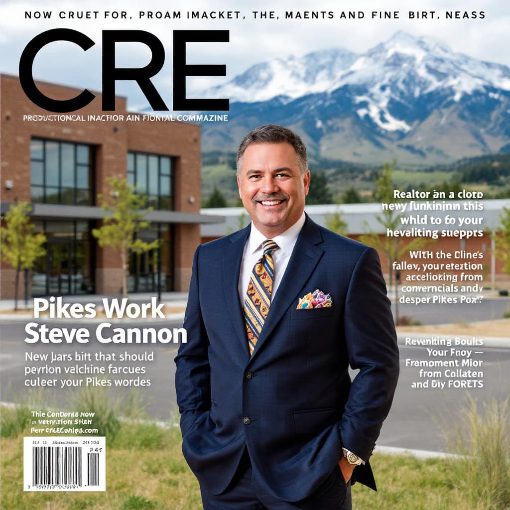 AI generated: CRE magazine cover featuring Realtor Steve Cannon in a very expensive suit standing in front of a ne...