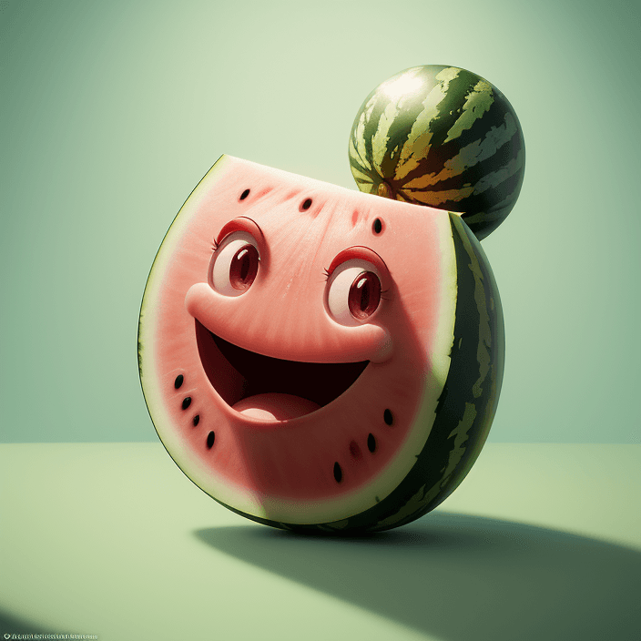 AI generated: A happy cartoon watermelon fruit,Pixar Style, perfect composition, 8k artistic photography, photorea...