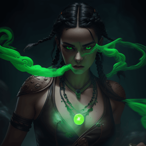 AI generated: Leather braided necklace, eyeball glowing a green smoke center.
masterpiece, concept art, mid shot, ...