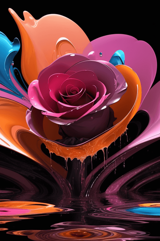 AI generated: A contemporary art piece featuring a rose flower in an abstract style, with fluid, metallic highligh...