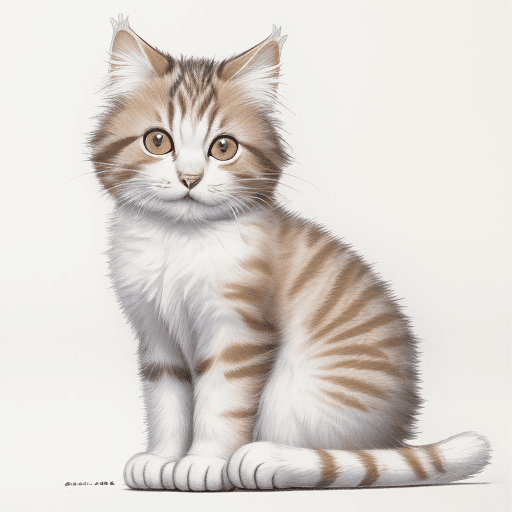 AI generated: line drawing of a small fluffy young adult female white with tabby patches cat sitting upright