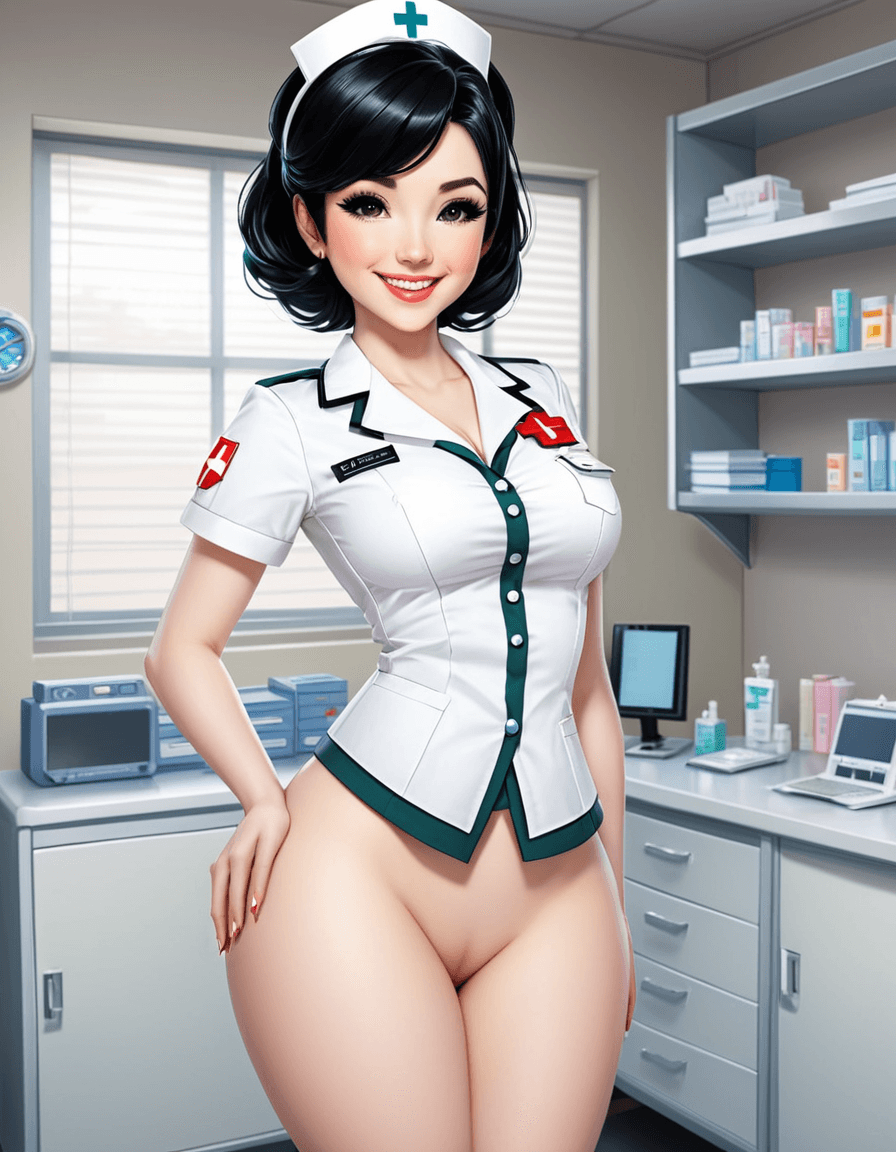 AI generated: NSFW, one nurse in chibi and disney style standing in clinic, short black hair, pale skin, revealing...