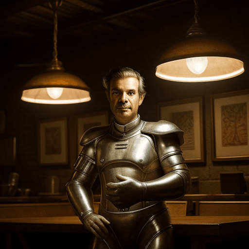 AI generated: Hyper realistic portrait photo of a mid century tavernkeeper, dim lights, direct lighting