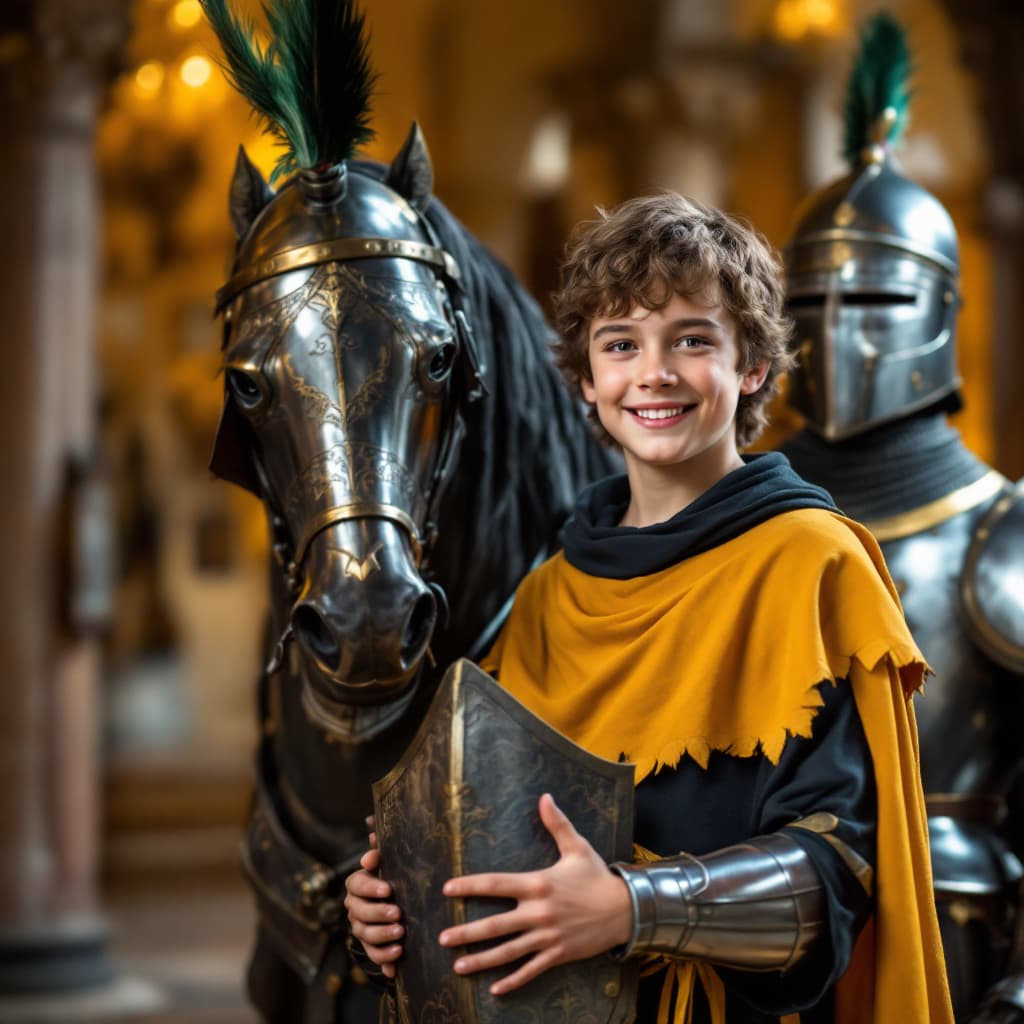AI generated: Create an exciting scene with a young person dressed as a medieval page wearing a yellow and black t...