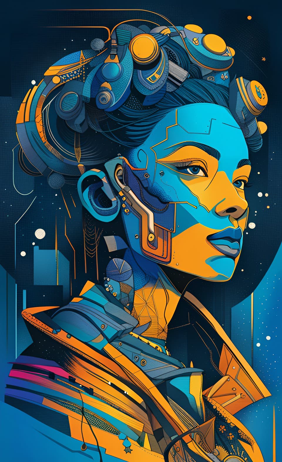AI generated: Incredible digital line poster art of a mechanical synthetic humanoid android, symmetrical, Sacred g...