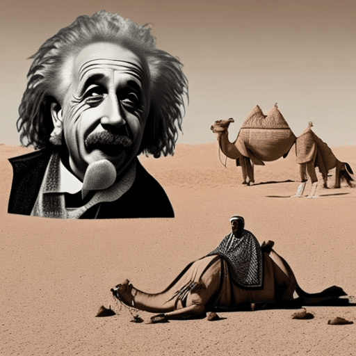 AI generated: Einstein in an Arabic custome desert and Camel in the background 