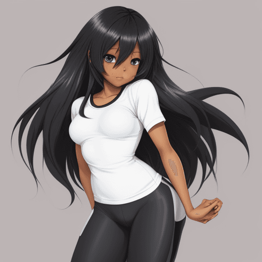 AI generated: cute anime black girl flowing hair in tight shirt