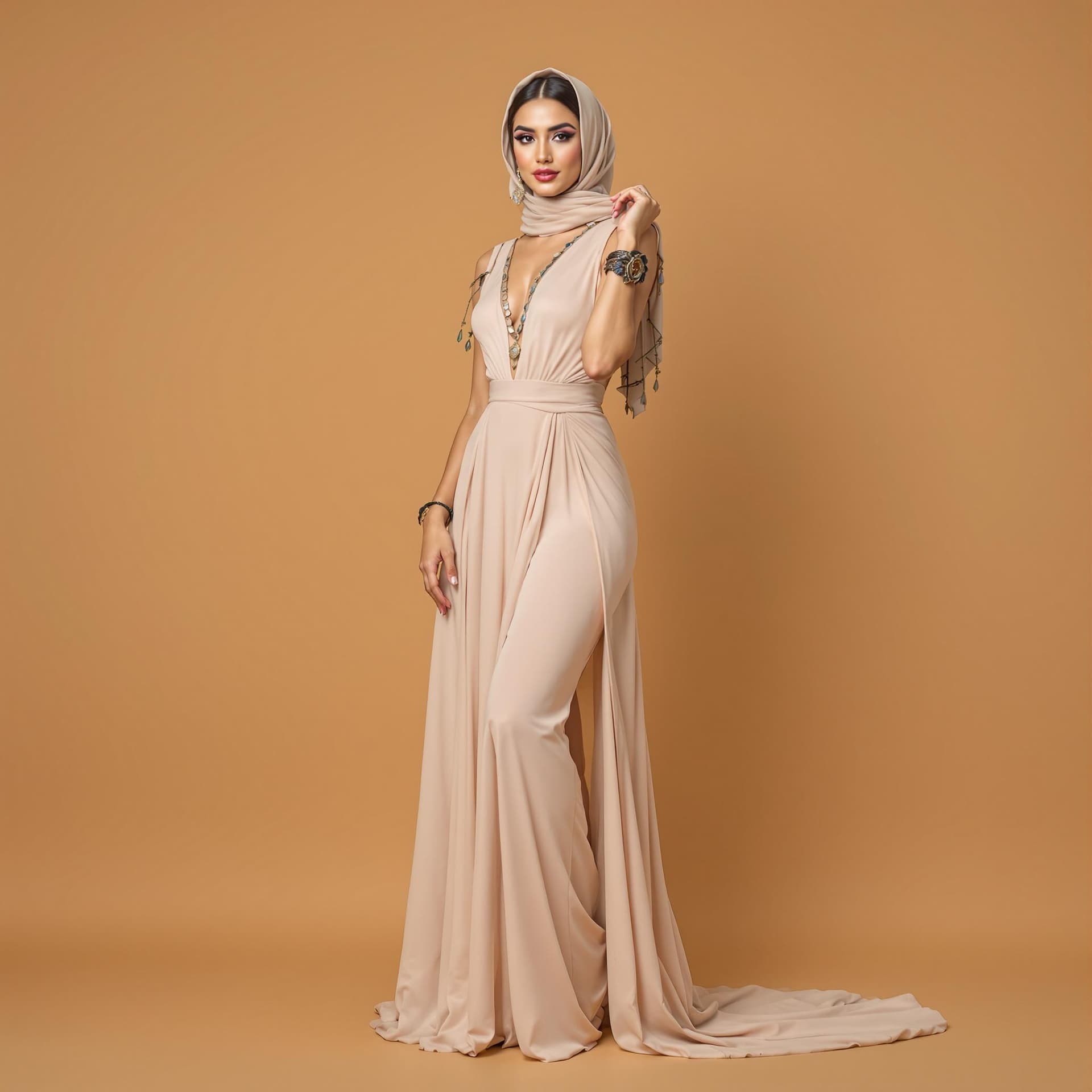 AI generated: Full-length portrait of a stunning Arab woman posing confidently against a warm beige backdrop.