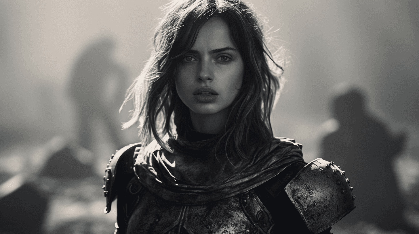 AI generated: ana de armas as an apocalyptic warrior, wide-angle, 16-35mm lens, f/1.8, global illumination, natura...