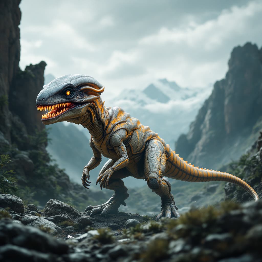 AI generated: Alien dinosaur wearing austrounut suit and looks realistic
 --ar 9:16 --style raw