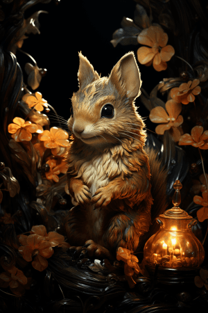 AI generated: A playful squirrel with fluffy brown fur and glistening obsidian scales detailed with tiny acorns in...