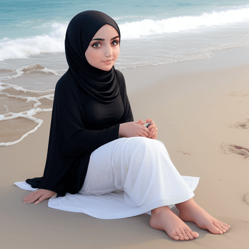 AI generated: hijabi girl at the beach showing her feet to the camera

