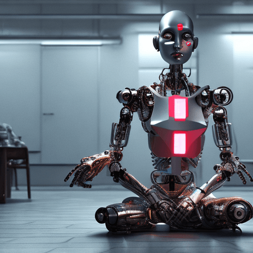 AI generated: Cyborg robot, in a zazen sitting position, hyperrealistic, cinematic 8k