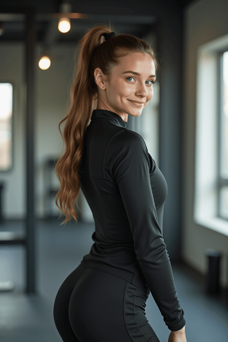 AI generated: full-length slender girl doing stretching exercises in the gym. The girl has long, well-groomed hair...