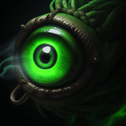 AI generated: Eyeball, glowing green, close up, center shot, leather braided necklace, eyeball glowing a green smo...