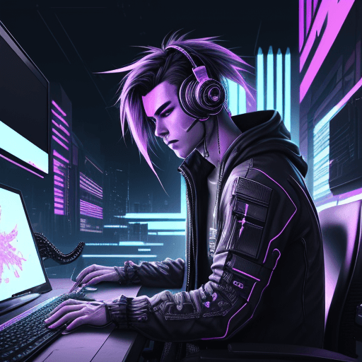 AI generated: Cyberpunk style male, typing on keyboard, wearing headphones, looking towards viewer, active pose, h...