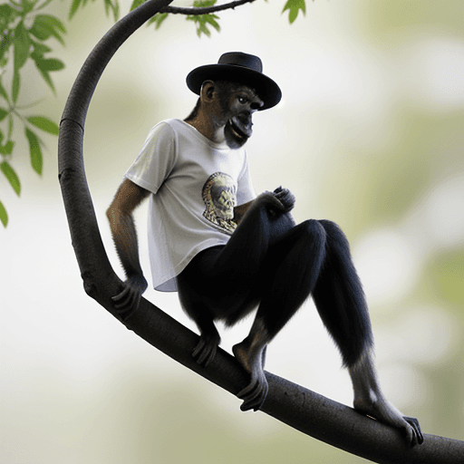 AI generated: a monkey hanging on a tree branch wearing a  shirt and hat