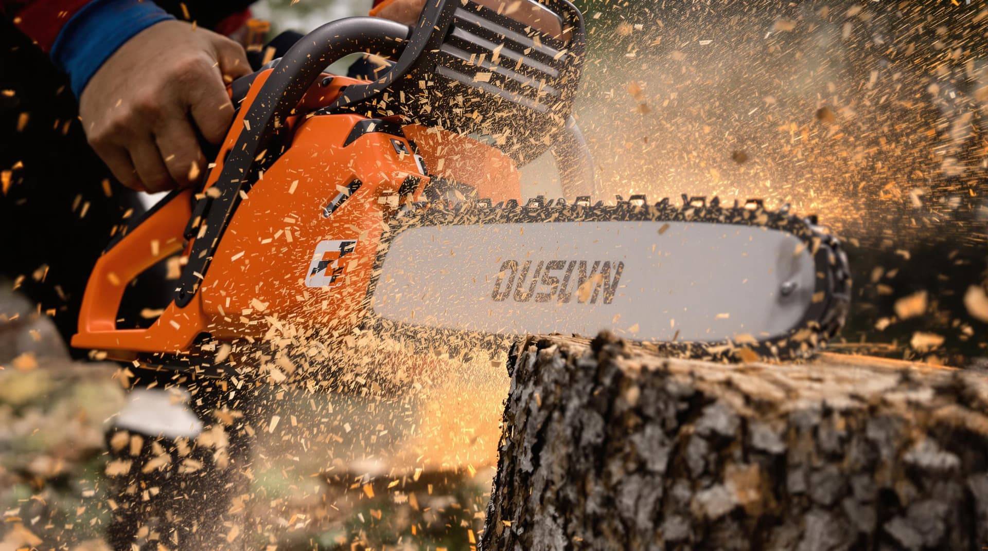 AI generated: Chainsaw cutting wood, flying sawdust particles, dynamic action shot, close-up detail, powerful tool...