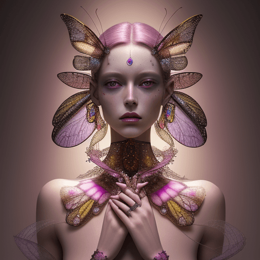 AI generated: a model wearing multiple pieces of jewelry, in the style of fantastical worlds, light magenta, scott...
