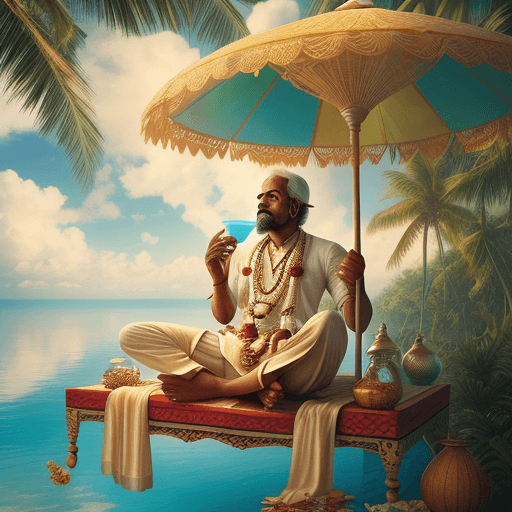AI generated: 
In a tropical paradise adorned with sunlit clouds, a Tamilian gentleman relaxes atop a magical flyi...