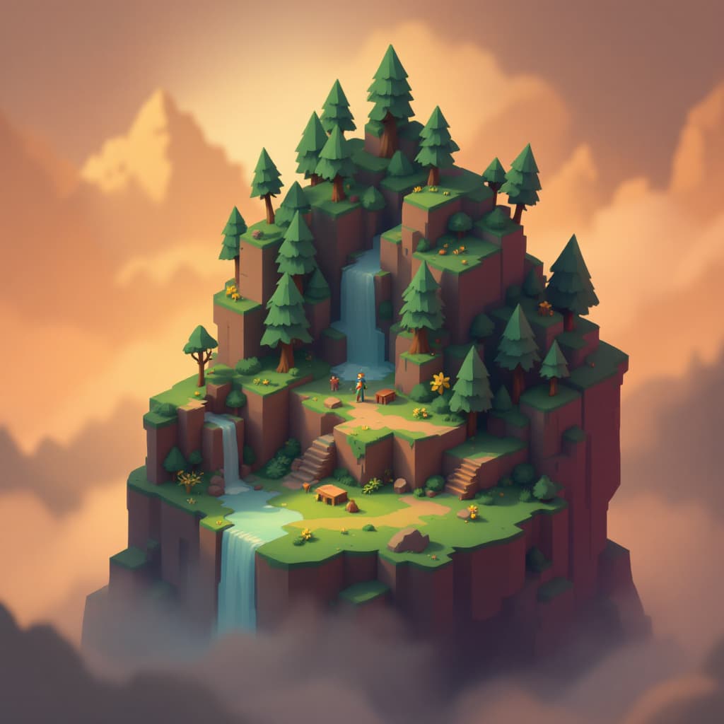 AI generated: a cute little matte low poly isometric Zelda Breath of the wild forest island, waterfalls, mist, lat...