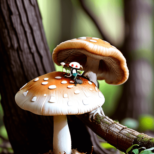 AI generated: Photo of a single cute mushroom with teeth eating dead tree as breakfast