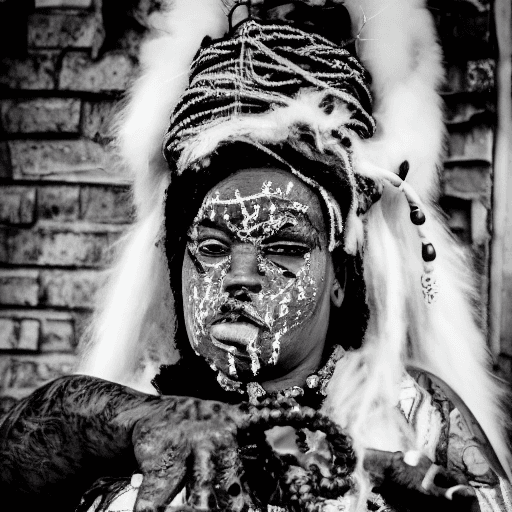 AI generated: black and white photography, voodoo priestess and her subjects in new orleans


