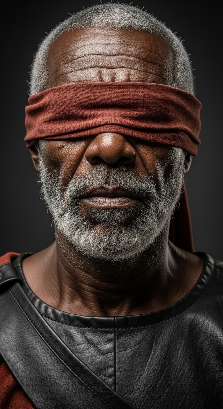 AI generated: Close-up portrait of a mature African man, likely middle-aged, with a serious expression.  Dark skin...