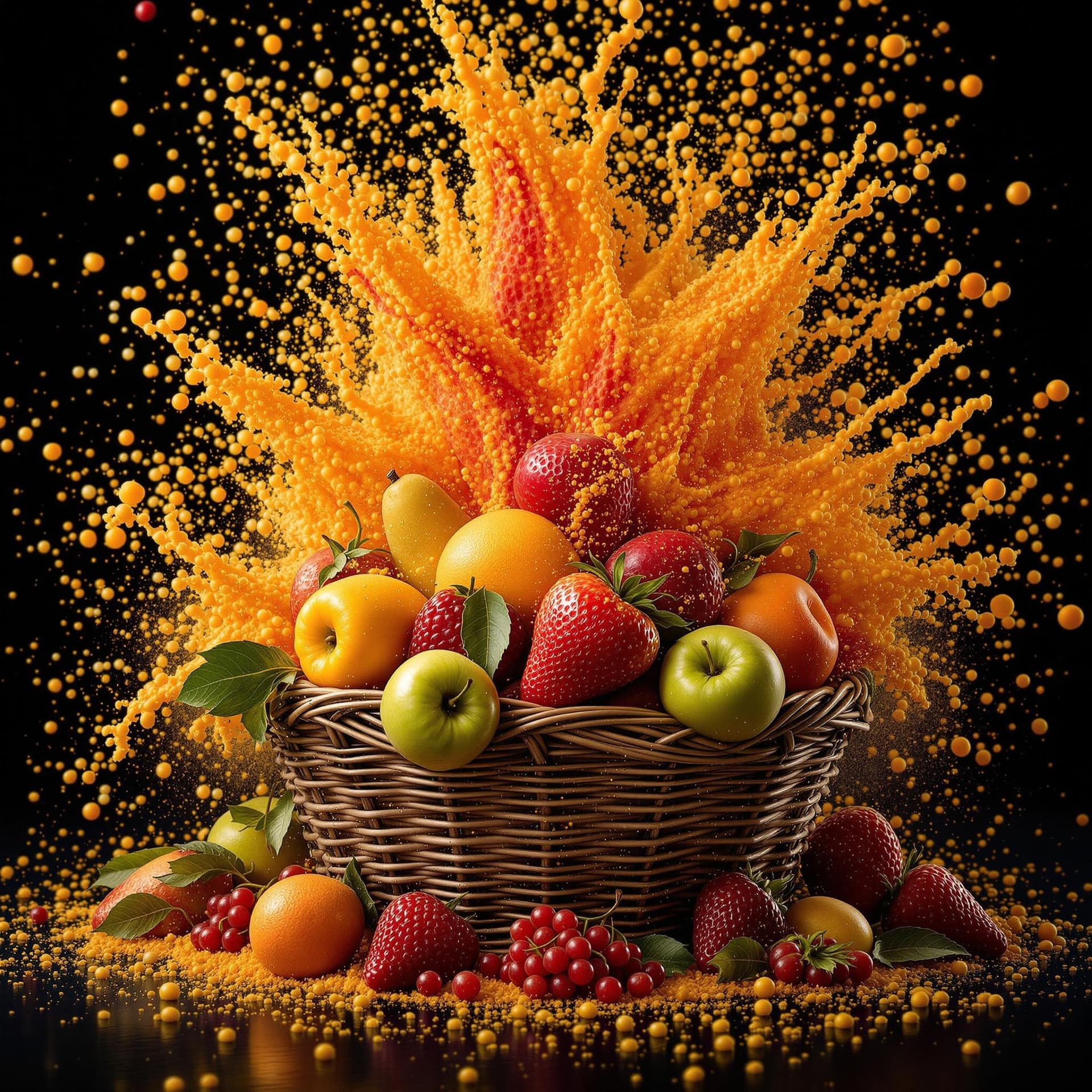 AI generated: a basket of colorful fruits, with extreme contrast, extreme details, explode with huge particles spl...