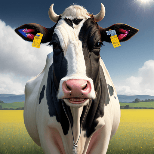 AI generated: A happy cow in a field with a solar panel strapped to its back,  in the style of illusory wallpaper ...
