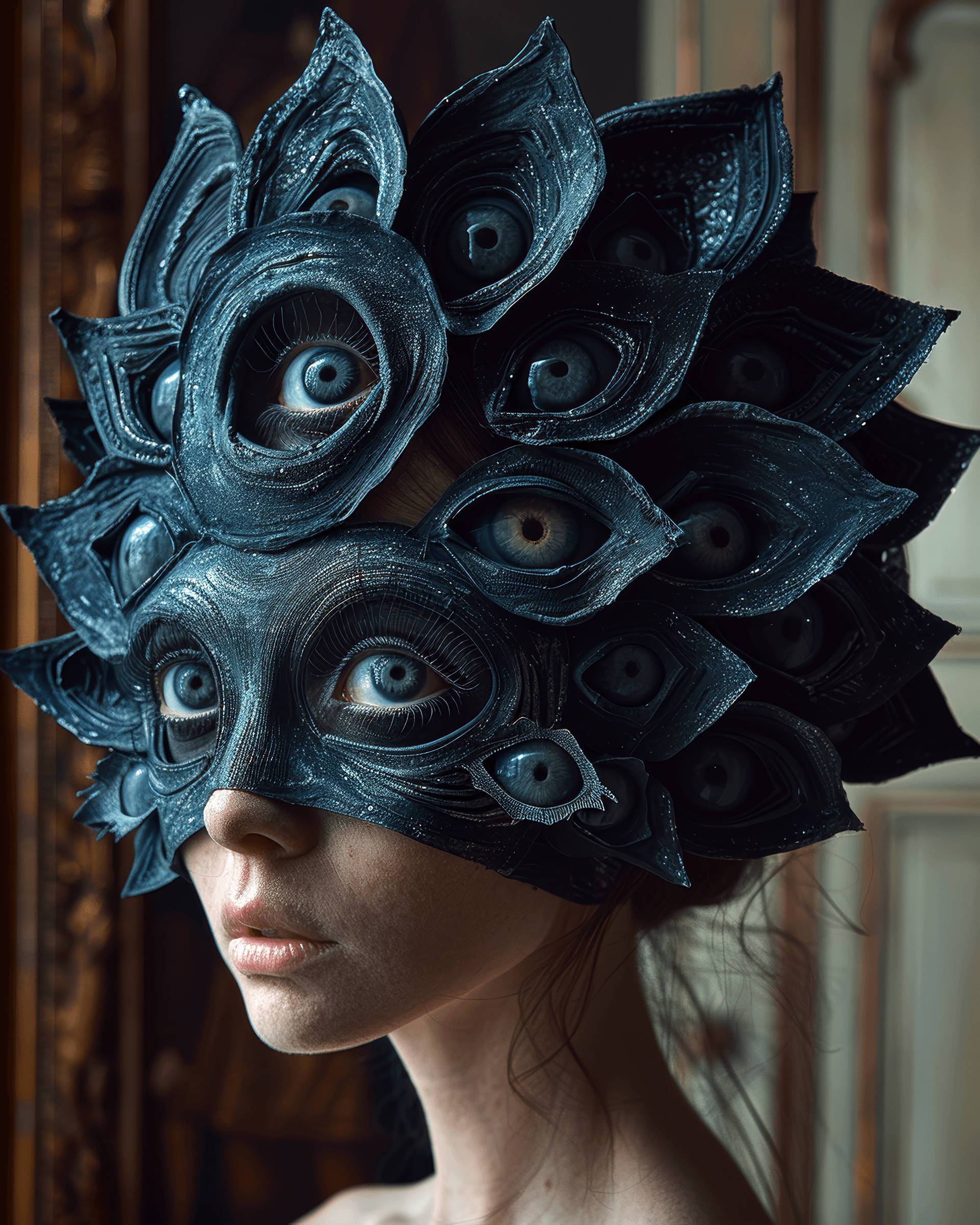 AI generated: fashion shoot, woman with a mask made of eyes --ar 4:5 --s 850 --v 6.0