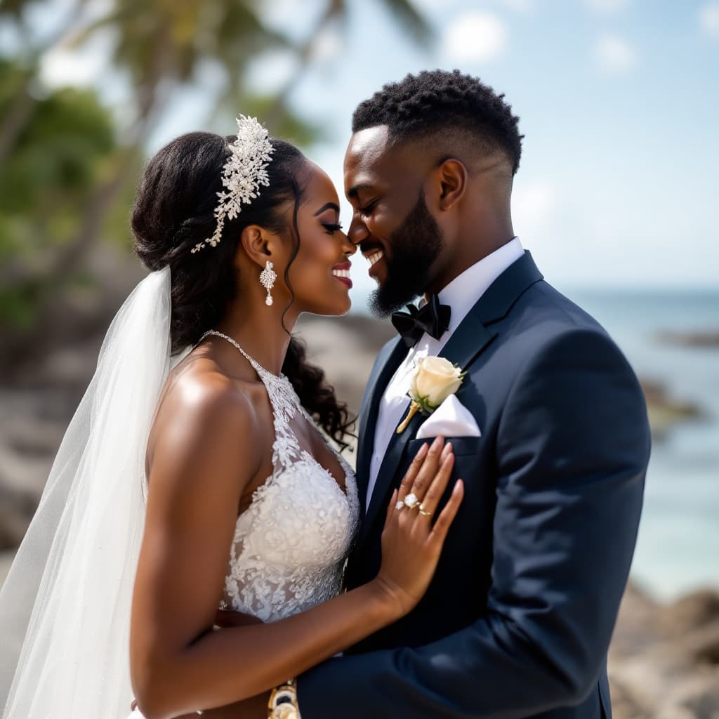 AI generated: African couple  wedding by the seaside in Seychelles 