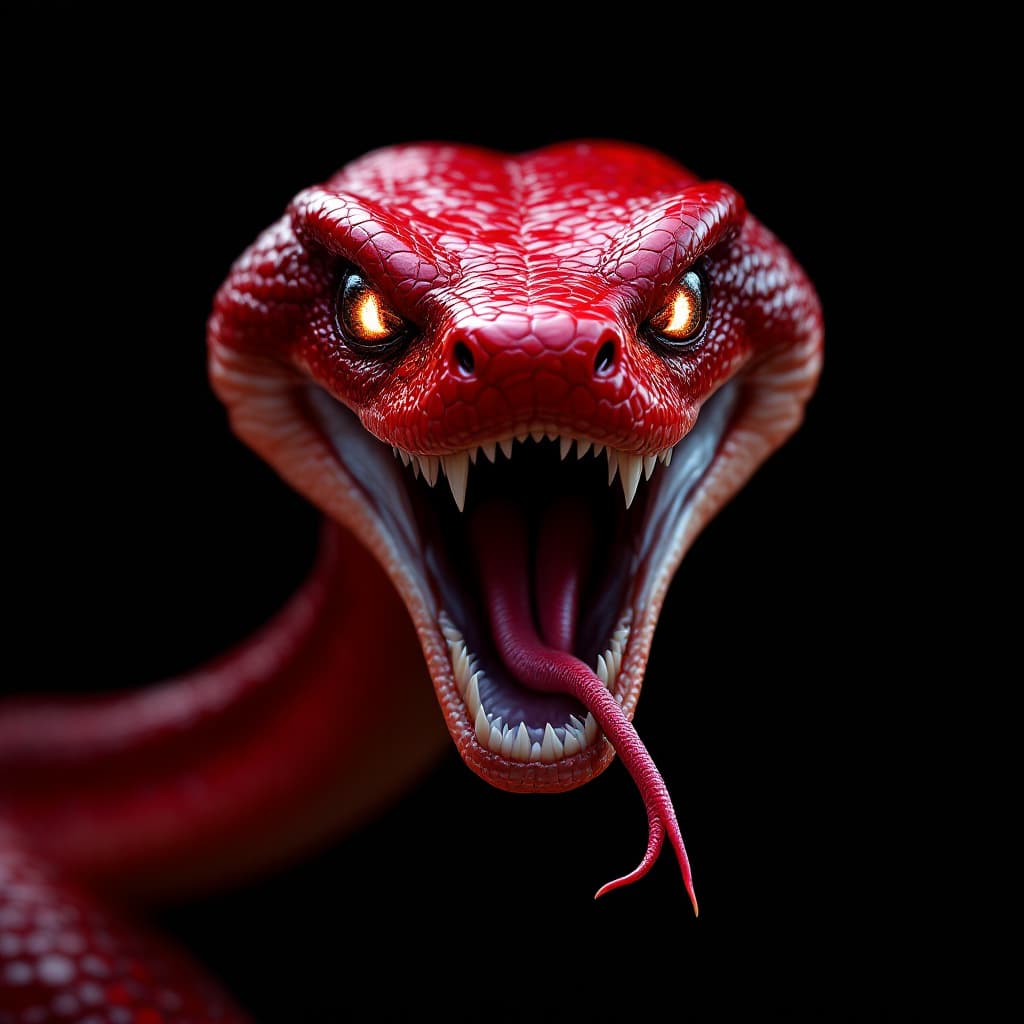 AI generated: A red snake with its mouth open, hyper-realistic animal illustrations, detailed character designs, d...