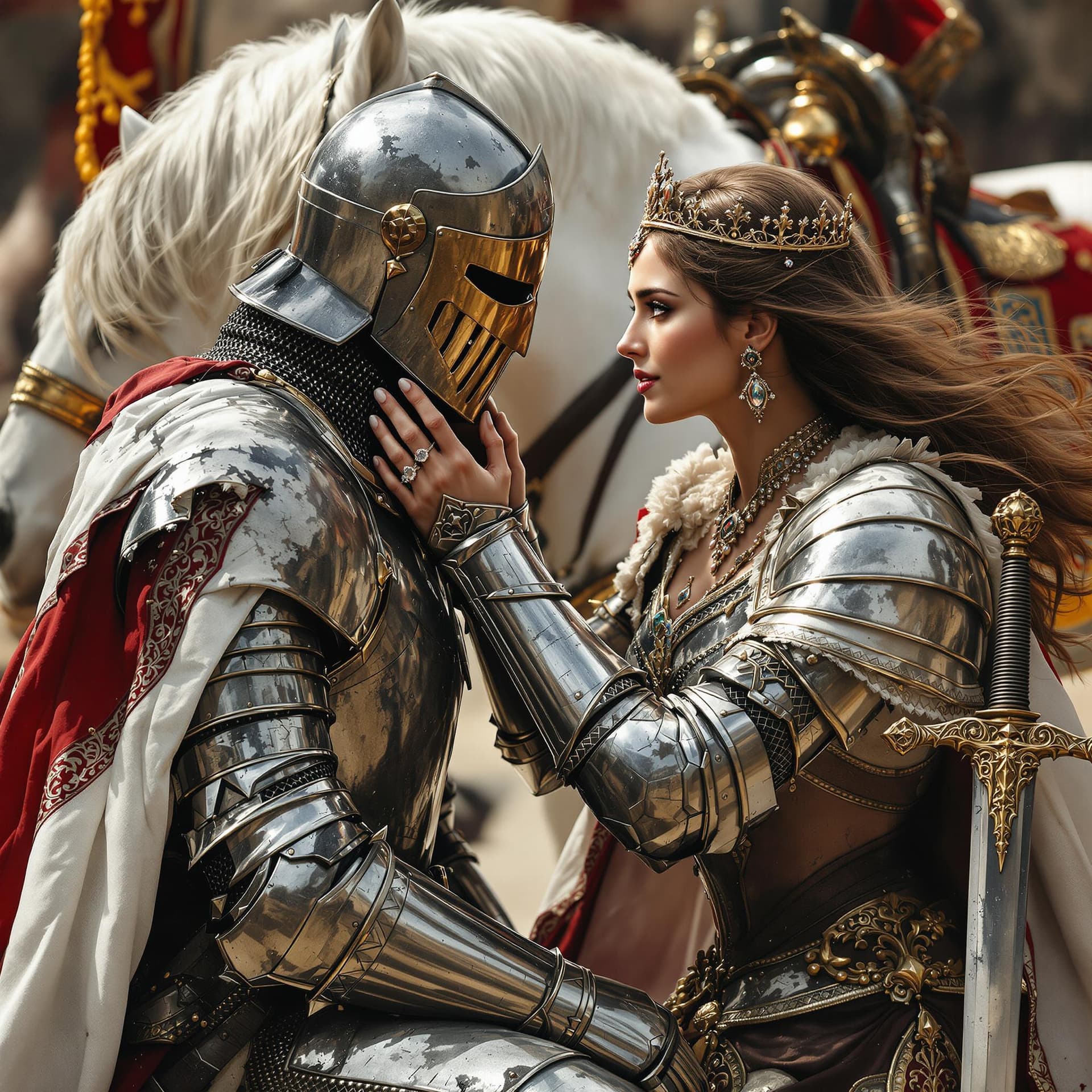 AI generated: An ultra-realistic, zoomed out,  full-body portrait of a noble Knight in battle damaged silver armor...
