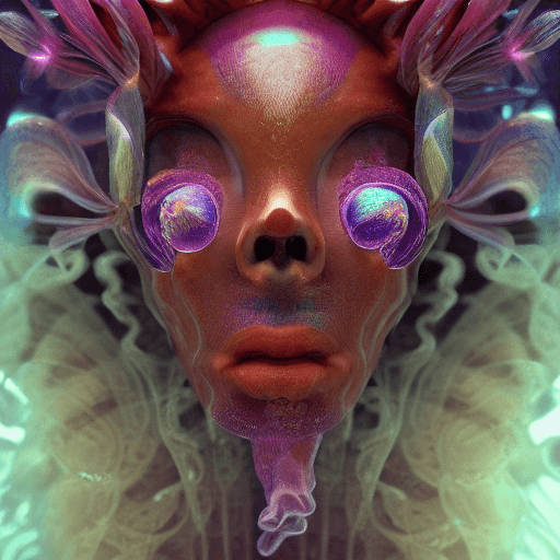 AI generated: Goddess close-up portrait ribcagel. jellyfish phoenix head, nautilus, orchid, skull, betta fish, bio...