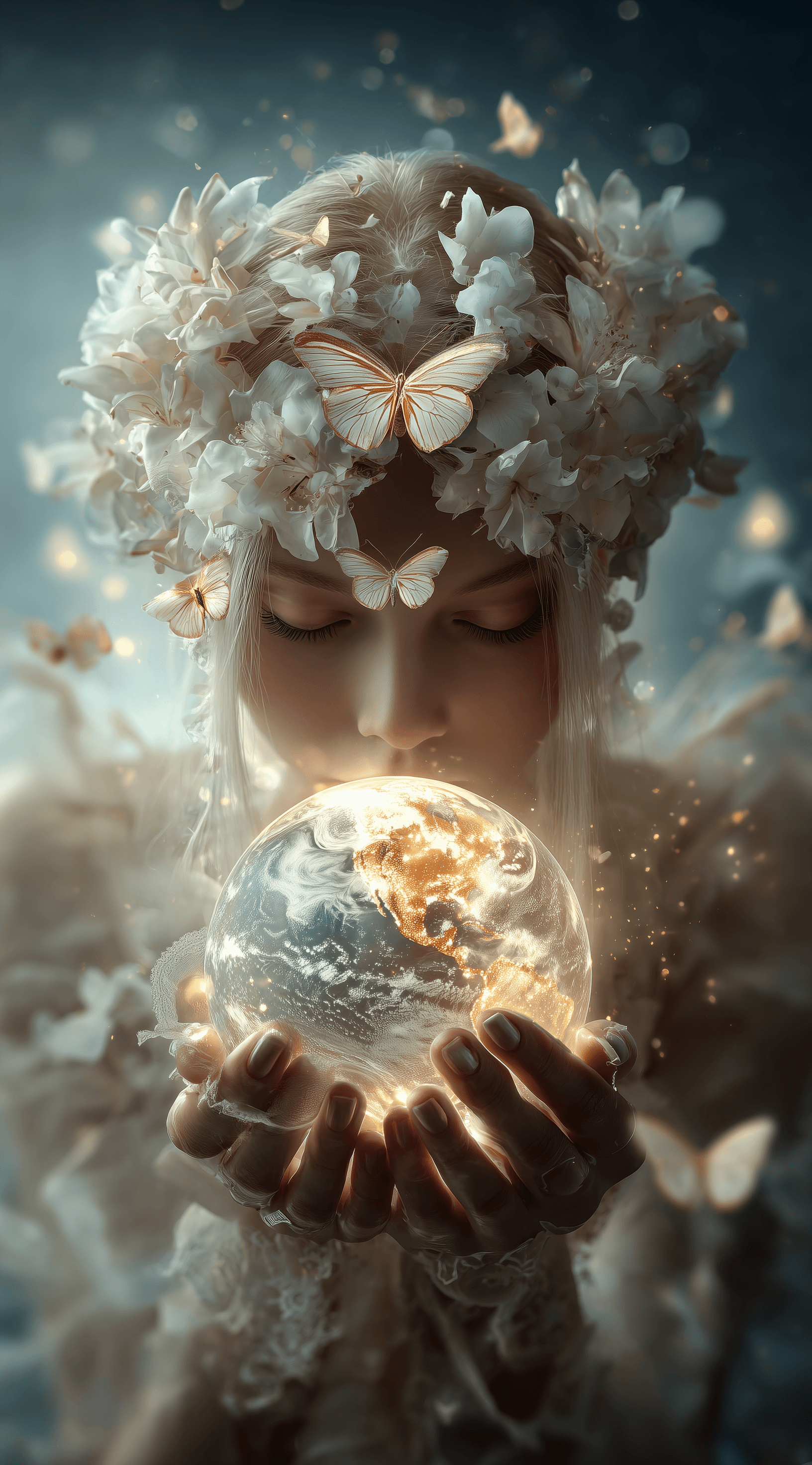 AI generated: A beautiful woman wearing white flowers on her head, holding the glowing earth in both hands and cov...
