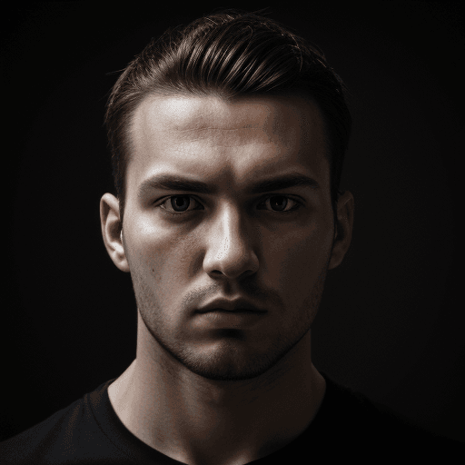 AI generated: high quality, face portrait photo of 30 y.o european man, wearing black shirt, serious face, detaile...