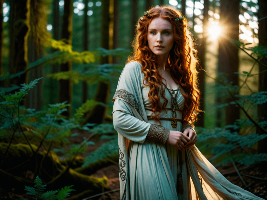 AI generated: Medium close-up, film still of, an extremely beautiful Celtic druid woman, with long curly auburn ha...