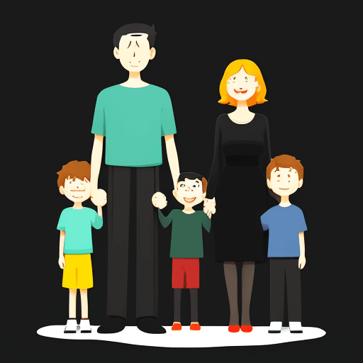 AI generated: illustration art, series of simple, colorful, family, mom, dad, son, daughter, exaggerated, solid-bl...