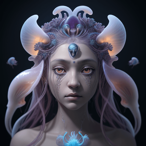 AI generated: Goddess close-up portrait ribcagel. jellyfish phoenix head, nautilus, orchid, skull, betta fish, bio...