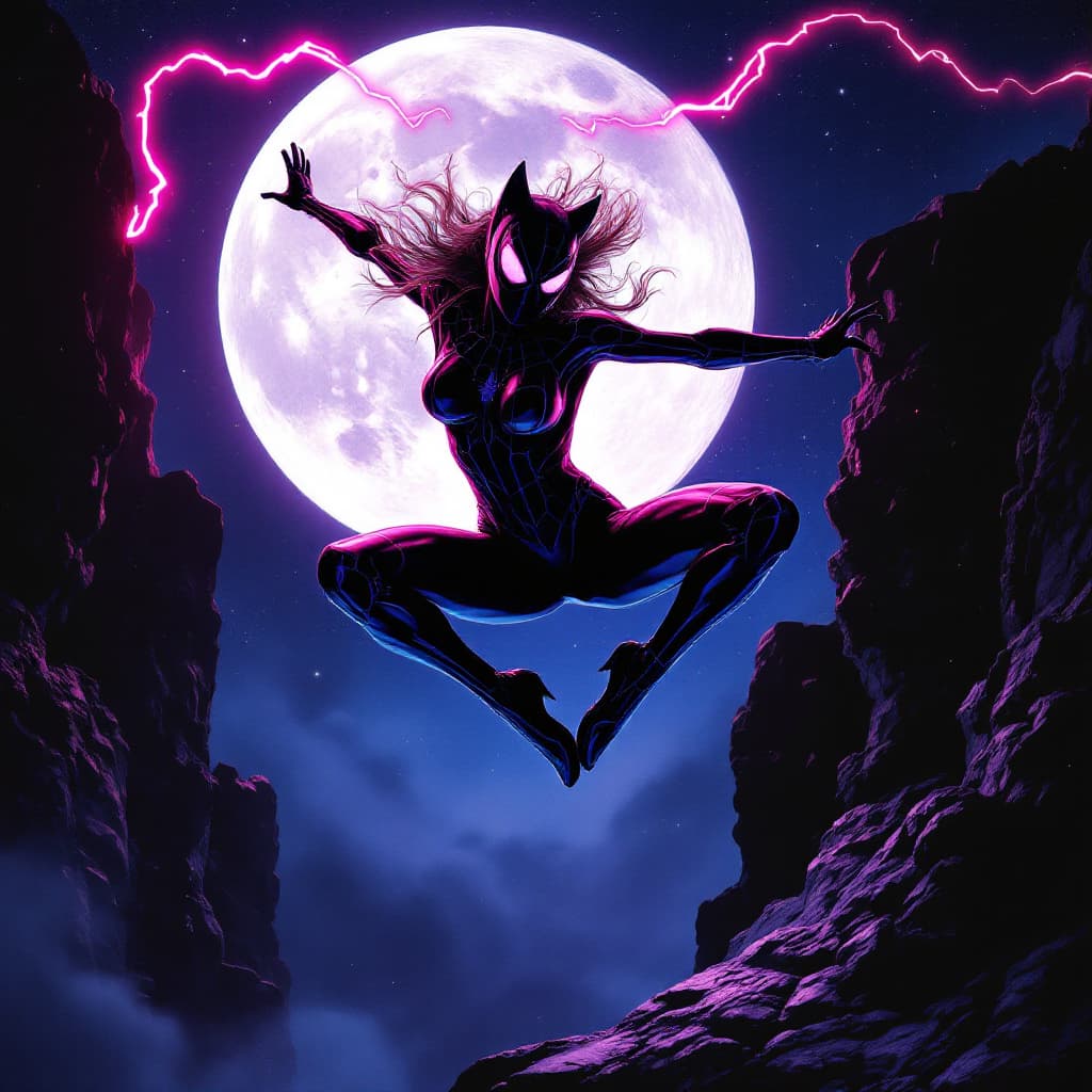 AI generated: hyper real michelle pfeiffer as the spider cat-woman female superhero with a pink lazer whip, jumpin...
