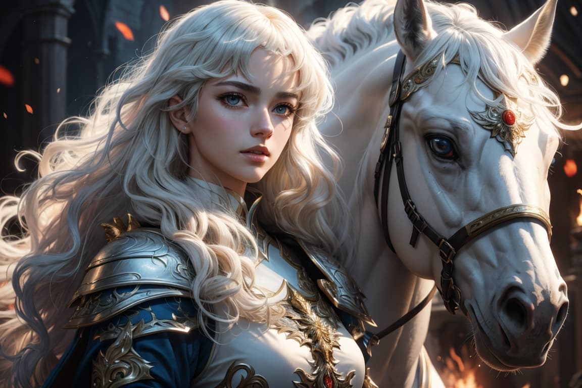 AI generated: ((griffith face:1. 3)), zrpgstyle, (close-up portrait of a knight lady on a white horse:1. 2), white...