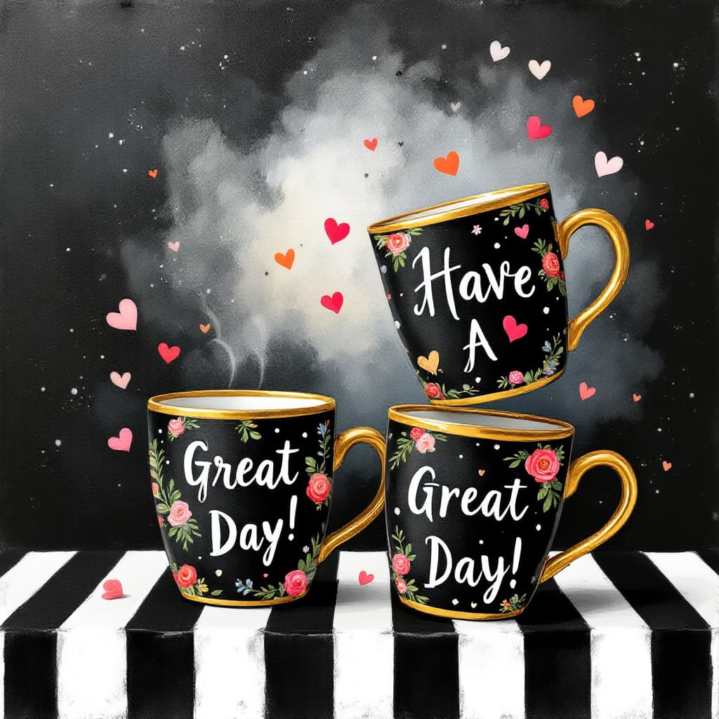 AI generated: A whimsical and enchanting illustration featuring four gold-rimmed black polka dot felt mugs, each d...