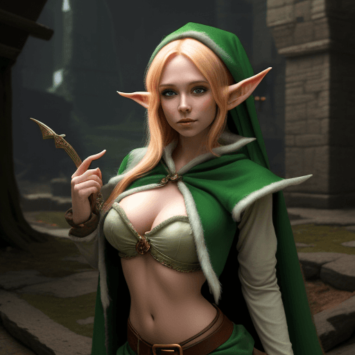 AI generated: fantasy elf maiden with large chest and torn clothes