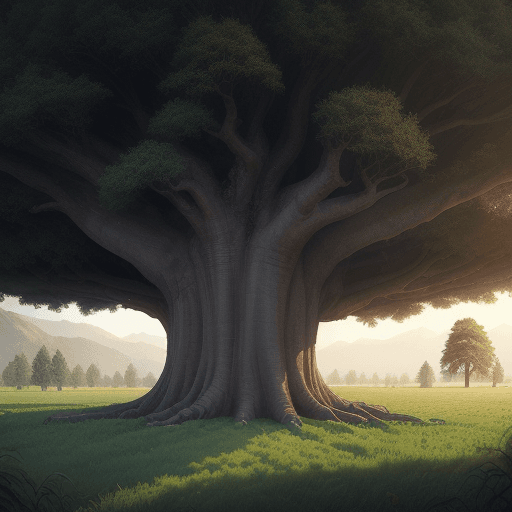 AI generated: a large tree with a very large trunk in the middle of a field, a detailed matte painting by Filip Ho...