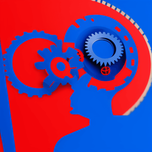 AI generated: Hyperrealistic logo, blue and red contrast color, the figure of a man moving a gear.