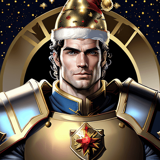 AI generated: Henry Cavill depicted as the Emperor of Humanity Warhamer 40k, whit golden armor. Christmas hat on h...